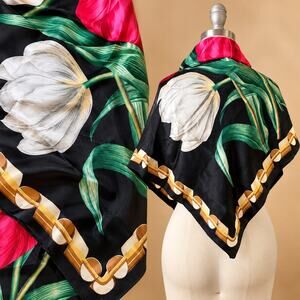 Vintage Perry Ellis 31x31 Scarf Tulip Floral Black Red White Large Square